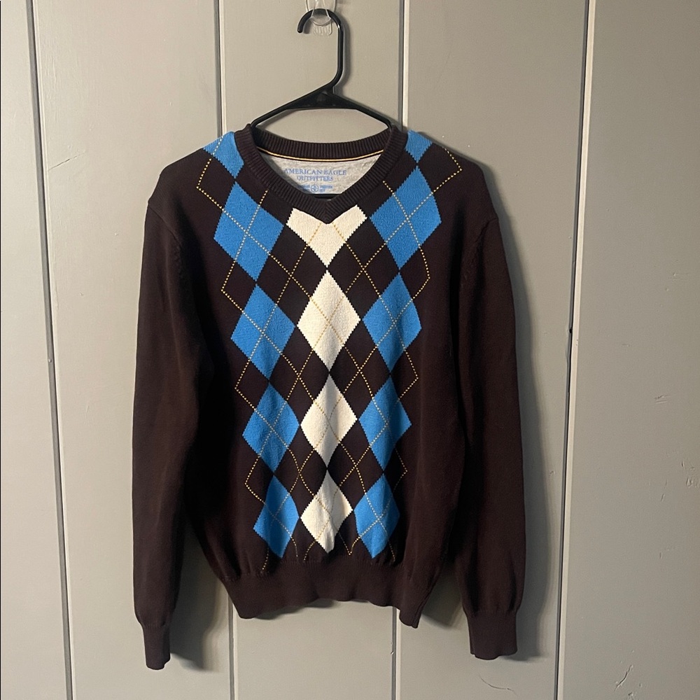 American Eagle Argyle Sweater Brown Blue Preppy Vintage Americana Collegiate